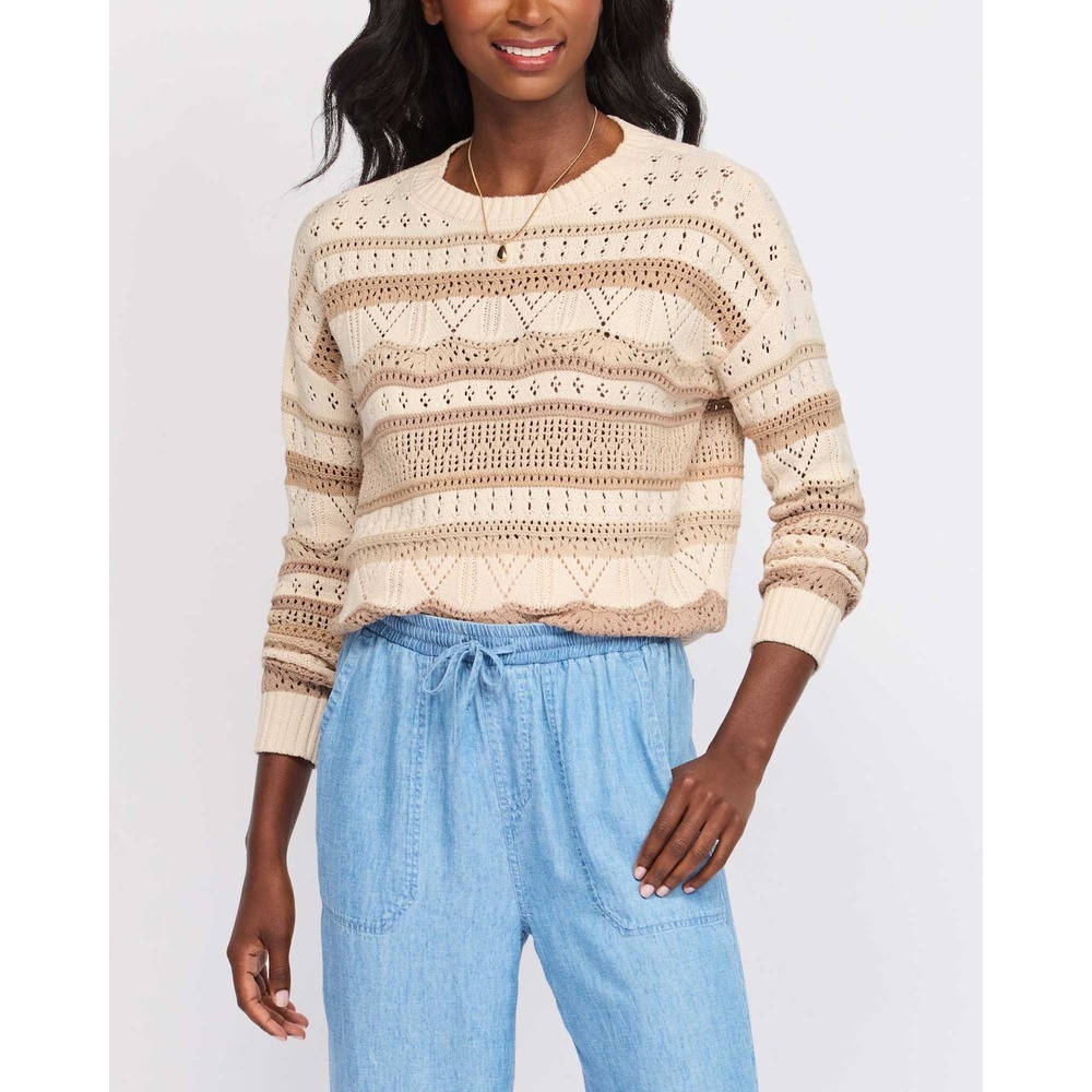 Le Serein Womens Pointelle Knit Striped Sweater Cream Tan SN70803 Small NWT